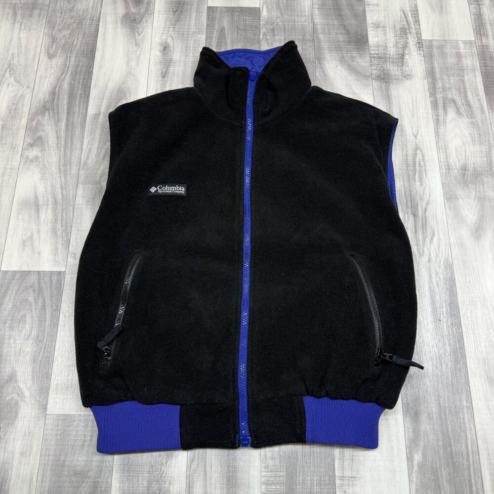 ✅  Womens M VTG Columbia Reversible Vest Blue Black  fleece Nylon W/Pockets - Picture 2 of 10